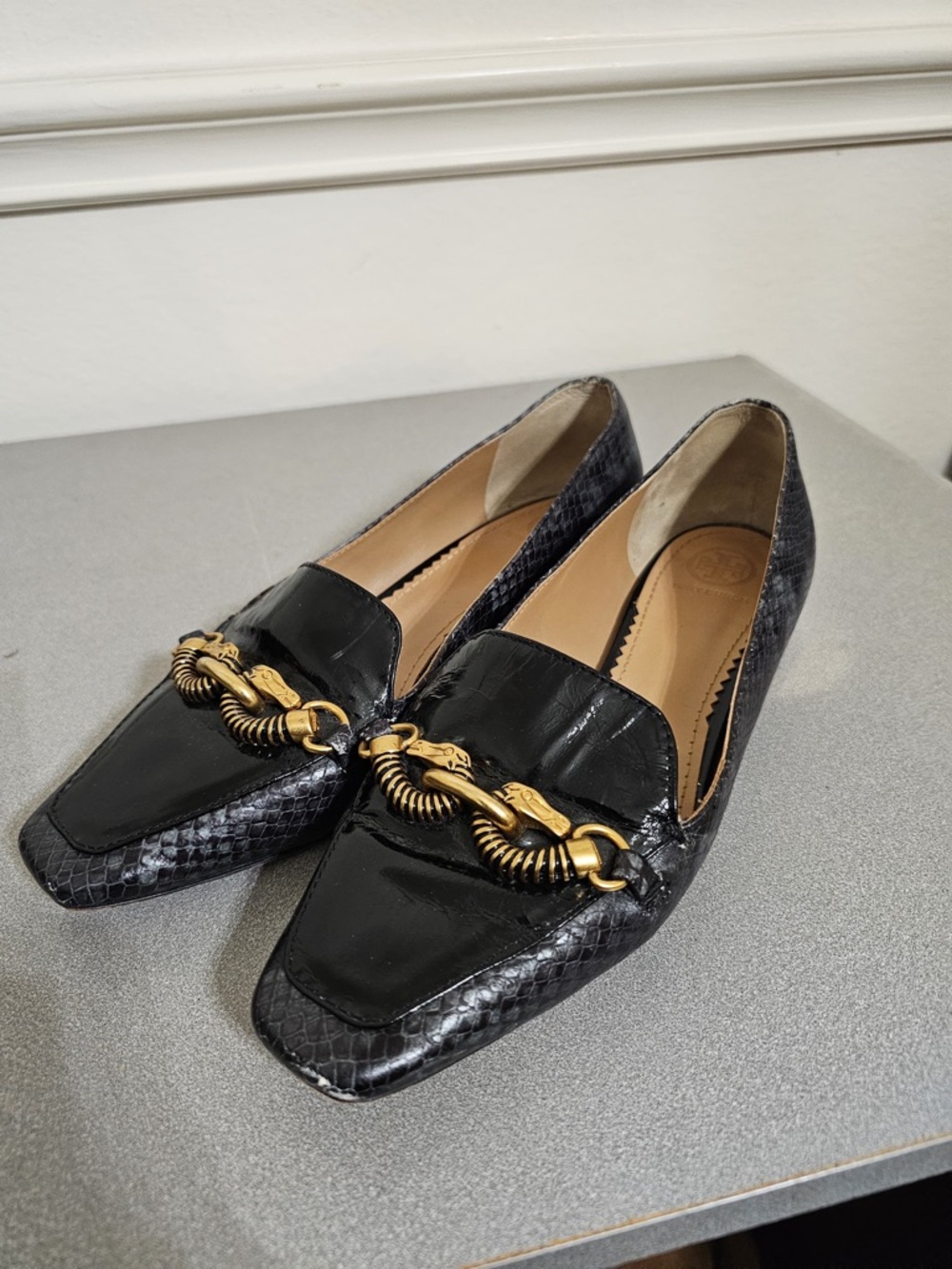Tory Burch Black Faux-Snake Loafers with Gold Chain Hardware